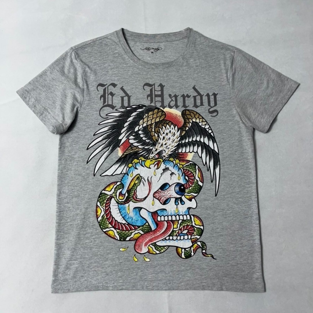Ed Hardy T Shirt Men Medium Gray Rhinestone Battle Tee Eagle Snake Skull